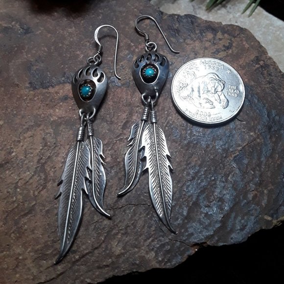 Sterling Bear Claw Turquoise and Feather Dangle Native American Earrings - Picture 2 of 3